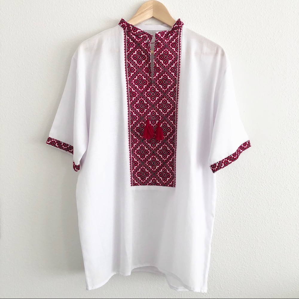 White Ukranian Vyshyvanka Shirt Short Sleeve - Picture 2 of 5
